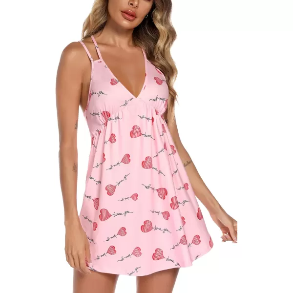 Leikar Sexy Lingerie For Women Cotton Nightgowns V Neck Babydoll Chemise SleepwearPink Heart Print