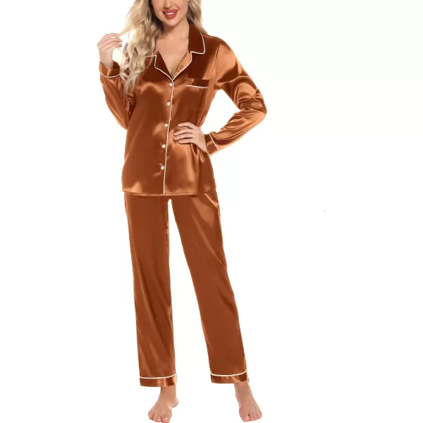 Leikar Silk Pajamas Long Sleeve Pajama Sets For Women Soft Button Down Pajamas Pj SetCoffee