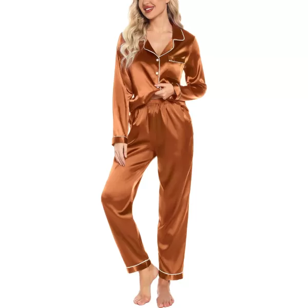 Leikar Silk Pajamas Long Sleeve Pajama Sets For Women Soft Button Down Pajamas Pj SetCoffee