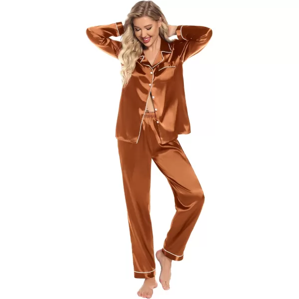 Leikar Silk Pajamas Long Sleeve Pajama Sets For Women Soft Button Down Pajamas Pj SetCoffee