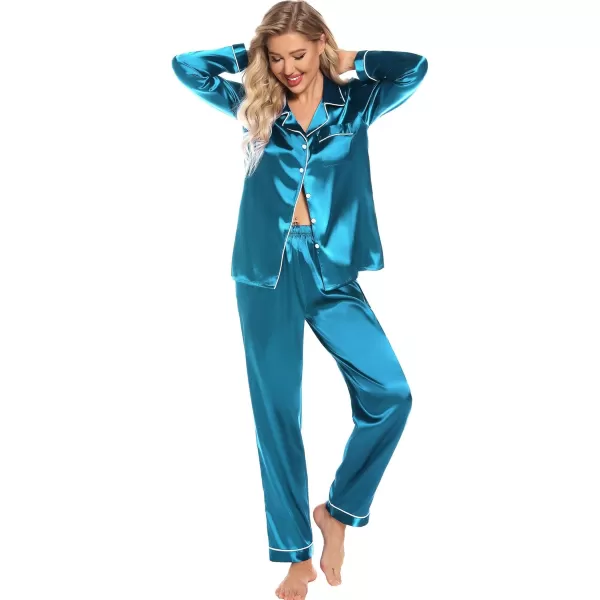 Leikar Silk Pajamas Long Sleeve Pajama Sets For Women Soft Button Down Pajamas Pj SetPeacock Blue