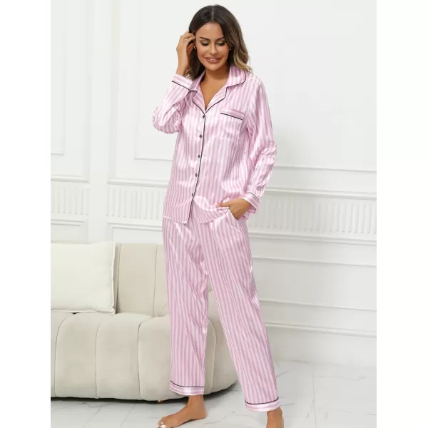 Leikar Silk Pajamas Long Sleeve Pajama Sets For Women Soft Button Down Pajamas Pj SetPink Stripe
