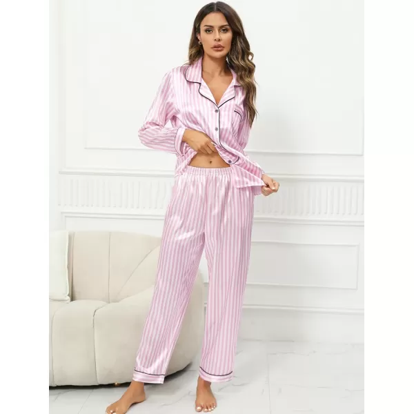 Leikar Silk Pajamas Long Sleeve Pajama Sets For Women Soft Button Down Pajamas Pj SetPink Stripe