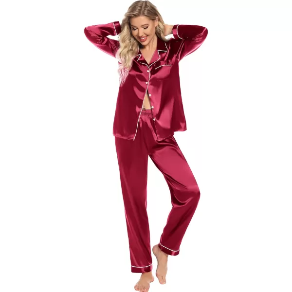 Leikar Silk Pajamas Long Sleeve Pajama Sets For Women Soft Button Down Pajamas Pj SetWine Red