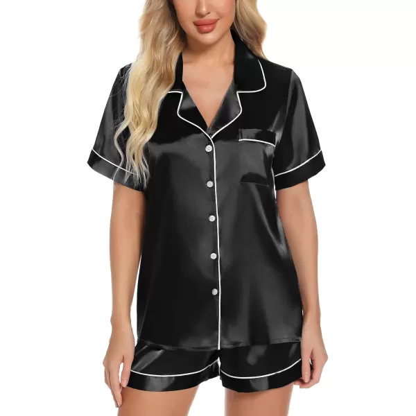 Leikar Womens Silk Summer Pajamas Shorts Set Floral Button Down Pjs Satin Loungewear Soft SleepwearBlack