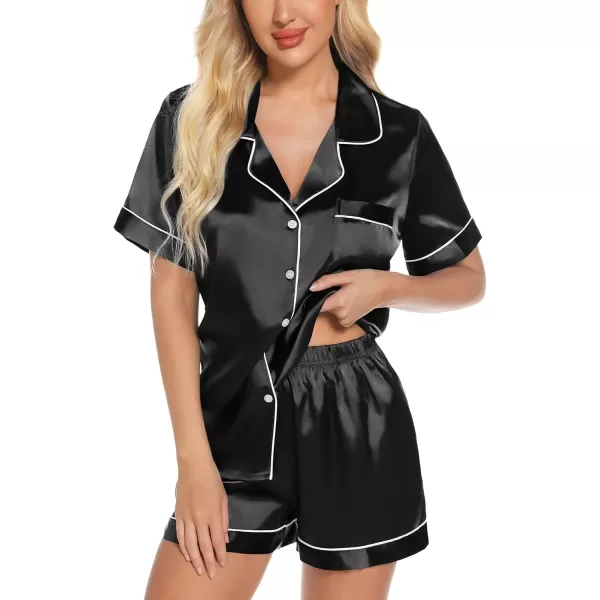 Leikar Womens Silk Summer Pajamas Shorts Set Floral Button Down Pjs Satin Loungewear Soft SleepwearBlack