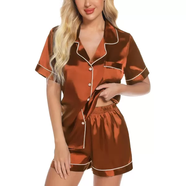 Leikar Womens Silk Summer Pajamas Shorts Set Floral Button Down Pjs Satin Loungewear Soft SleepwearCoffee