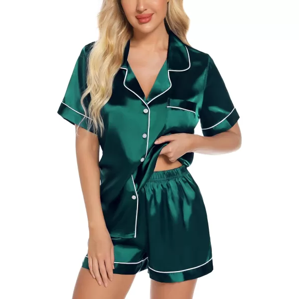 Leikar Womens Silk Summer Pajamas Shorts Set Floral Button Down Pjs Satin Loungewear Soft SleepwearDark Green
