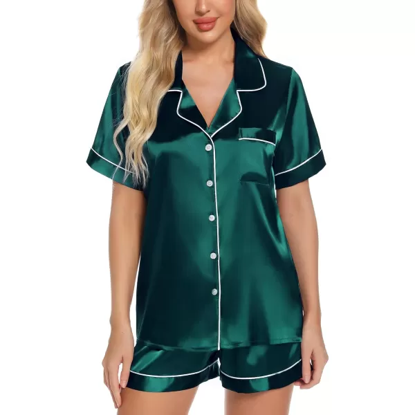 Leikar Womens Silk Summer Pajamas Shorts Set Floral Button Down Pjs Satin Loungewear Soft SleepwearDark Green