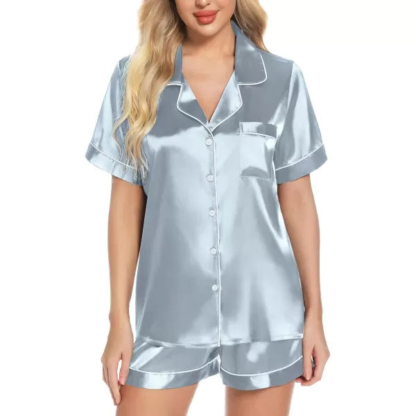 Leikar Womens Silk Summer Pajamas Shorts Set Floral Button Down Pjs Satin Loungewear Soft SleepwearMist Blue