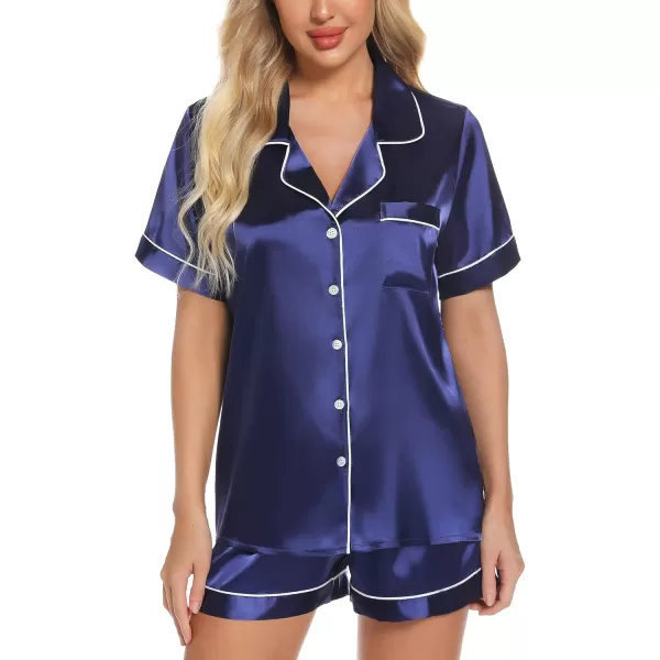 Leikar Womens Silk Summer Pajamas Shorts Set Floral Button Down Pjs Satin Loungewear Soft SleepwearNavy Blue