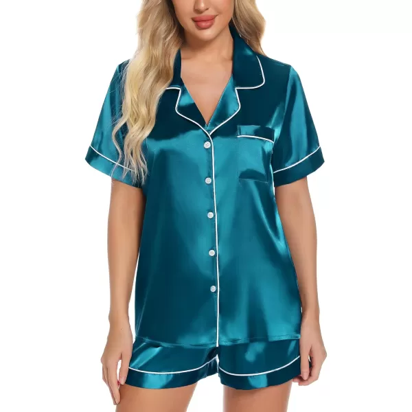 Leikar Womens Silk Summer Pajamas Shorts Set Floral Button Down Pjs Satin Loungewear Soft SleepwearPeacock Blue