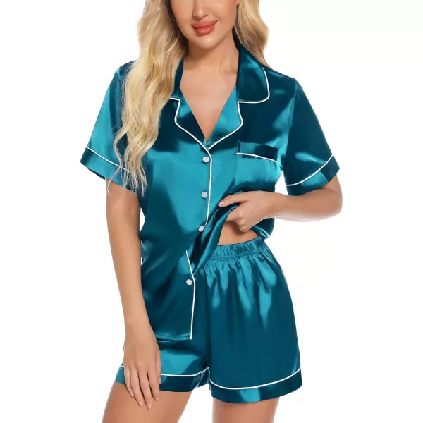 Leikar Womens Silk Summer Pajamas Shorts Set Floral Button Down Pjs Satin Loungewear Soft SleepwearPeacock Blue