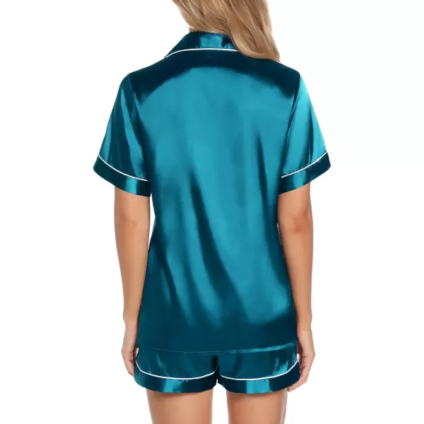 Leikar Womens Silk Summer Pajamas Shorts Set Floral Button Down Pjs Satin Loungewear Soft SleepwearPeacock Blue