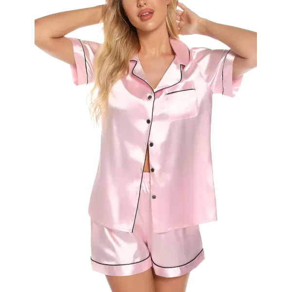 Leikar Womens Silk Summer Pajamas Shorts Set Floral Button Down Pjs Satin Loungewear Soft SleepwearPink