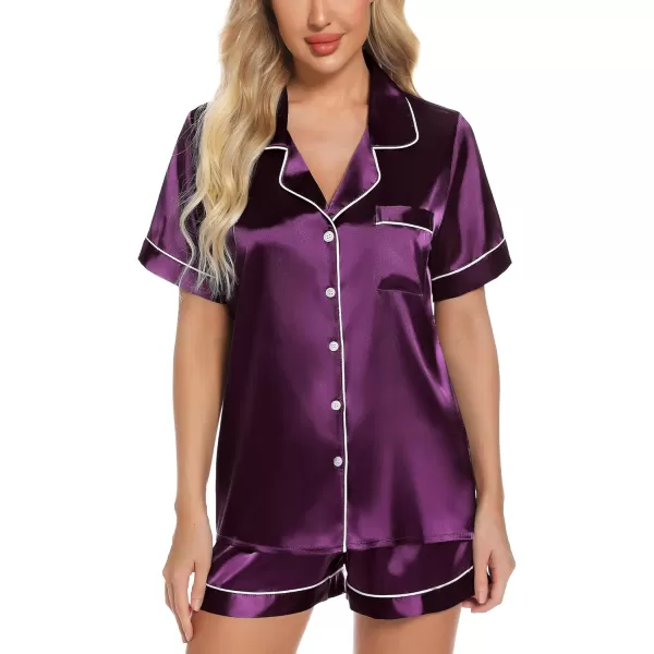 Leikar Womens Silk Summer Pajamas Shorts Set Floral Button Down Pjs Satin Loungewear Soft SleepwearPurple