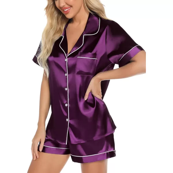 Leikar Womens Silk Summer Pajamas Shorts Set Floral Button Down Pjs Satin Loungewear Soft SleepwearPurple