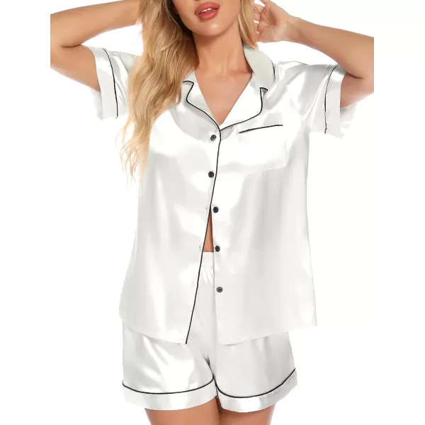 Leikar Womens Silk Summer Pajamas Shorts Set Floral Button Down Pjs Satin Loungewear Soft SleepwearWhite