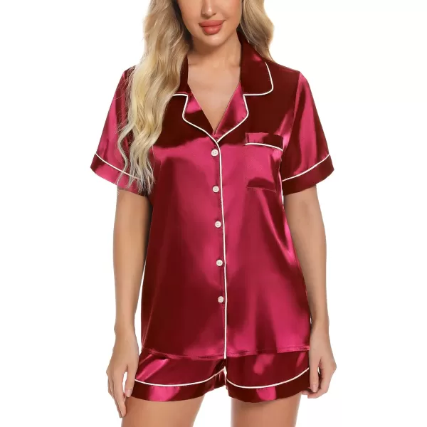 Leikar Womens Silk Summer Pajamas Shorts Set Floral Button Down Pjs Satin Loungewear Soft SleepwearWine Red