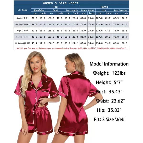 Leikar Womens Silk Summer Pajamas Shorts Set Floral Button Down Pjs Satin Loungewear Soft SleepwearWine Red