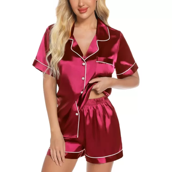 Leikar Womens Silk Summer Pajamas Shorts Set Floral Button Down Pjs Satin Loungewear Soft SleepwearWine Red