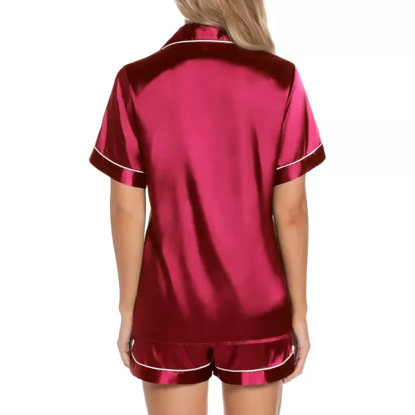 Leikar Womens Silk Summer Pajamas Shorts Set Floral Button Down Pjs Satin Loungewear Soft SleepwearWine Red
