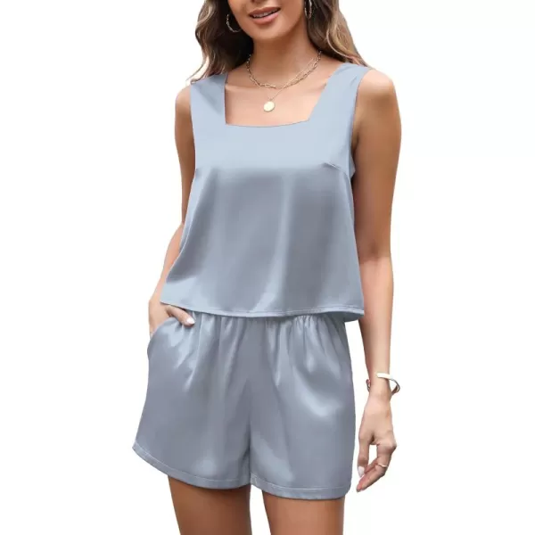 Leikar 2 Piece Sets For Women Summer Satin Silk Pajamas Short Set Square Neck Tank Top Lounge SetsLight Blue
