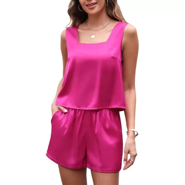 Leikar 2 Piece Sets For Women Summer Satin Silk Pajamas Short Set Square Neck Tank Top Lounge SetsRose Red