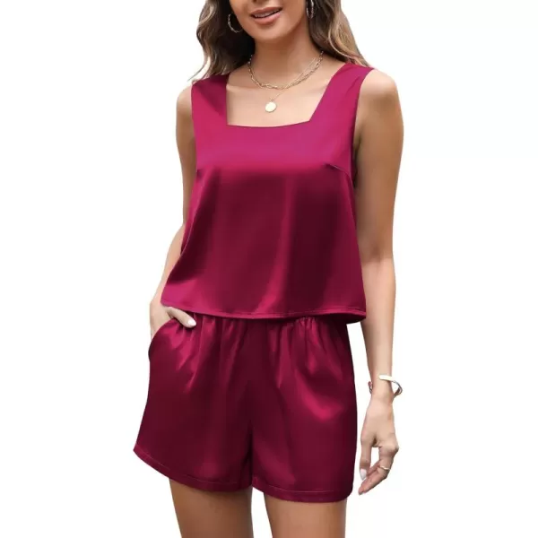 Leikar 2 Piece Sets For Women Summer Satin Silk Pajamas Short Set Square Neck Tank Top Lounge SetsWine Red