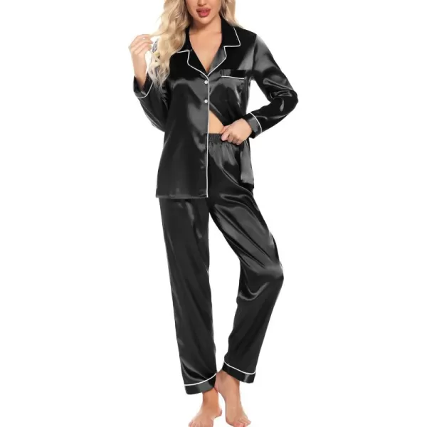 Leikar Silk Pajamas Long Sleeve Pajama Sets For Women Soft Button Down Pajamas Pj SetBlack