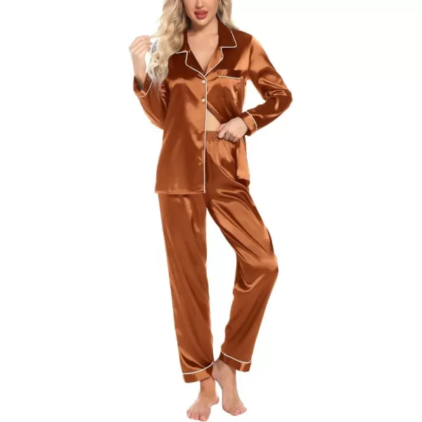 Leikar Silk Pajamas Long Sleeve Pajama Sets For Women Soft Button Down Pajamas Pj SetCoffee
