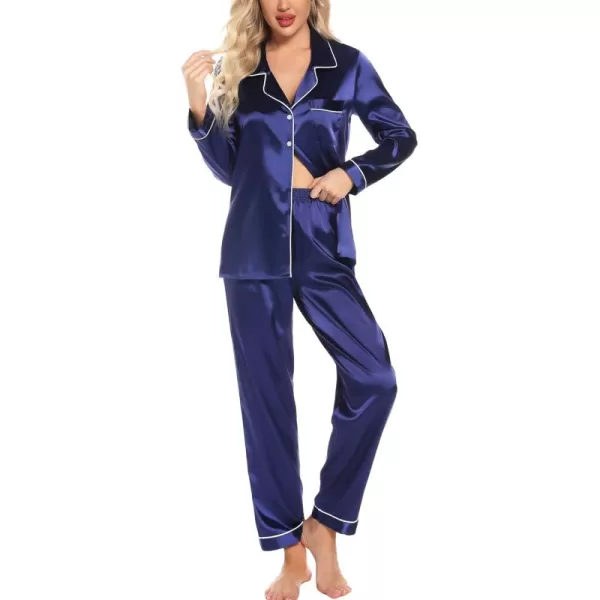 Leikar Silk Pajamas Long Sleeve Pajama Sets For Women Soft Button Down Pajamas Pj SetNavy Blue