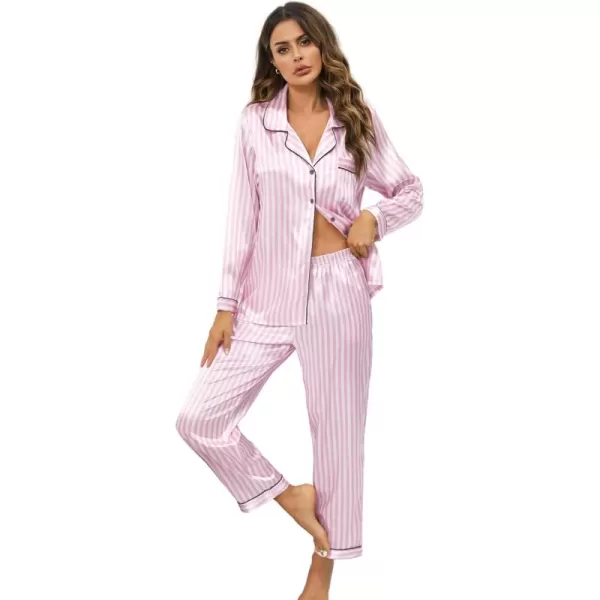Leikar Silk Pajamas Long Sleeve Pajama Sets For Women Soft Button Down Pajamas Pj SetPink Stripe