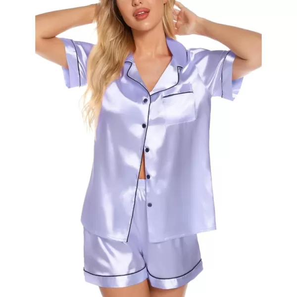Leikar Womens Silk Summer Pajamas Shorts Set Floral Button Down Pjs Satin Loungewear Soft SleepwearLavender