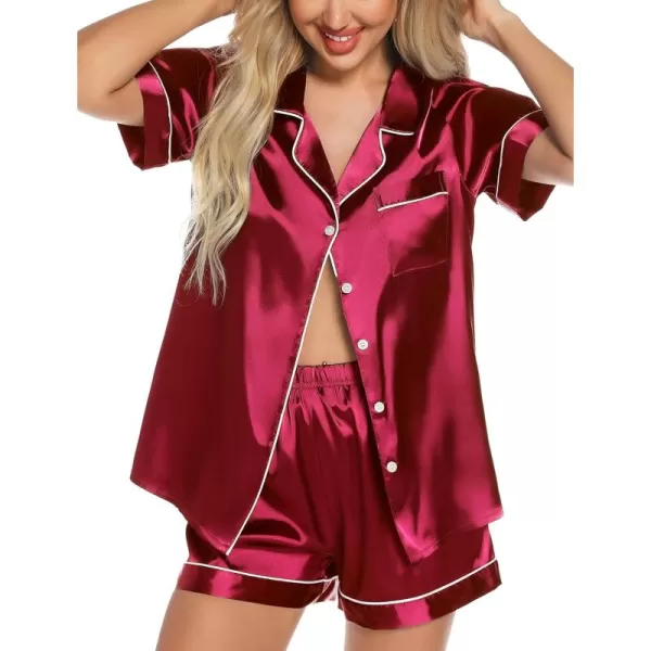 Leikar Womens Silk Summer Pajamas Shorts Set Floral Button Down Pjs Satin Loungewear Soft SleepwearWine Red