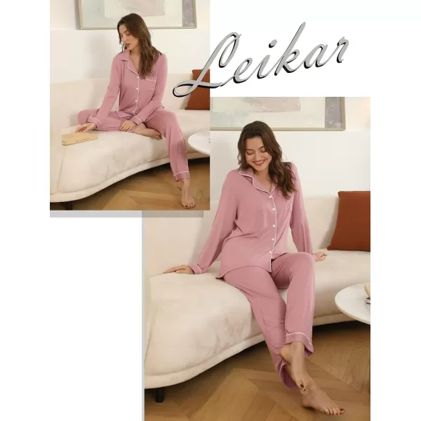 Leikar Button Up Pajama Set For Women Long Sleeve Shirt And Pajama Pants Soft Pjs Lounge SetsBean Paste