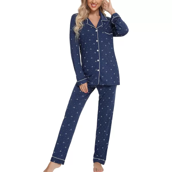 Leikar Button Up Pajama Set For Women Long Sleeve Shirt And Pajama Pants Soft Pjs Lounge SetsBlue White Heart