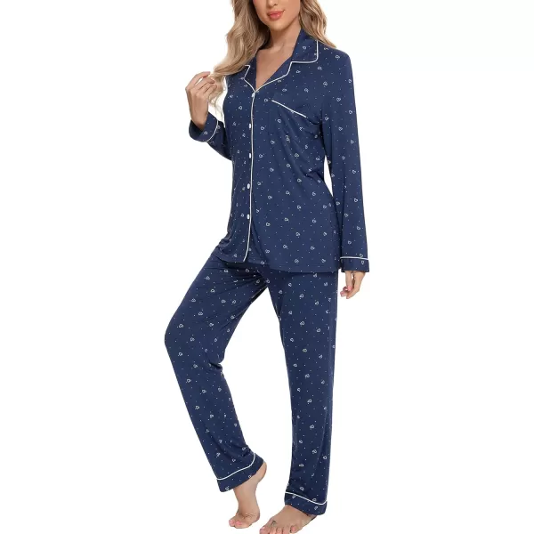 Leikar Button Up Pajama Set For Women Long Sleeve Shirt And Pajama Pants Soft Pjs Lounge SetsBlue White Heart