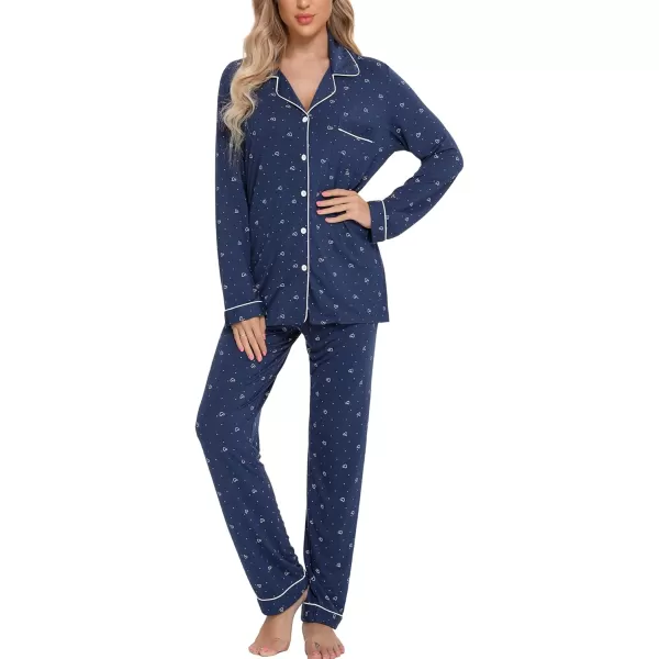 Leikar Button Up Pajama Set For Women Long Sleeve Shirt And Pajama Pants Soft Pjs Lounge SetsBlue White Heart