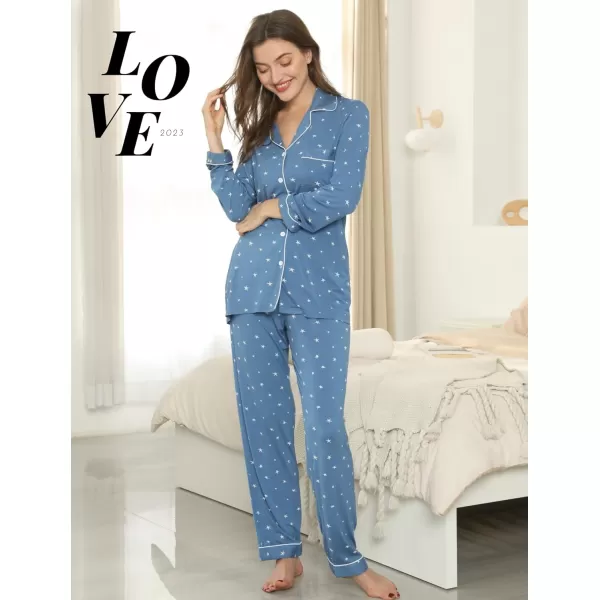 Leikar Button Up Pajama Set For Women Long Sleeve Shirt And Pajama Pants Soft Pjs Lounge SetsBlue White Stare