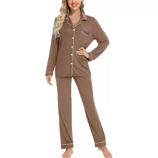 Leikar Button Up Pajama Set For Women Long Sleeve Shirt And Pajama Pants Soft Pjs Lounge SetsBrown