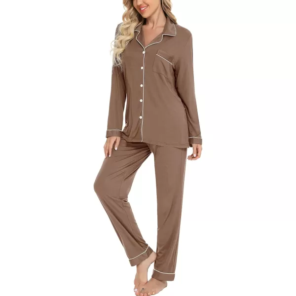 Leikar Button Up Pajama Set For Women Long Sleeve Shirt And Pajama Pants Soft Pjs Lounge SetsBrown