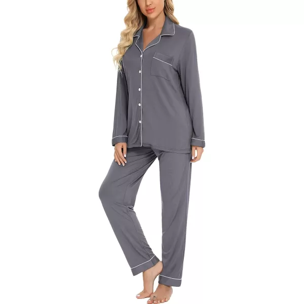 Leikar Button Up Pajama Set For Women Long Sleeve Shirt And Pajama Pants Soft Pjs Lounge SetsDark Grey