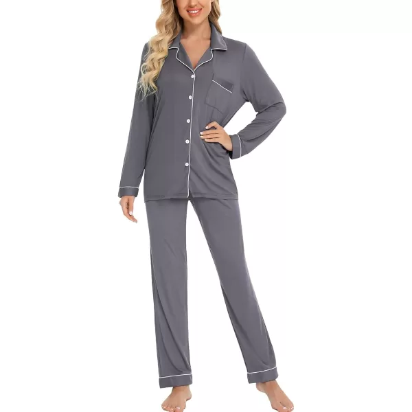 Leikar Button Up Pajama Set For Women Long Sleeve Shirt And Pajama Pants Soft Pjs Lounge SetsDark Grey