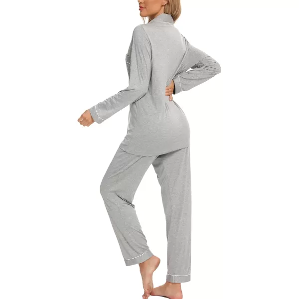 Leikar Button Up Pajama Set For Women Long Sleeve Shirt And Pajama Pants Soft Pjs Lounge SetsGray