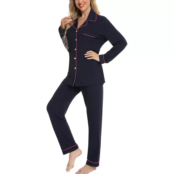 Leikar Button Up Pajama Set For Women Long Sleeve Shirt And Pajama Pants Soft Pjs Lounge SetsNavy Blue Pink Side