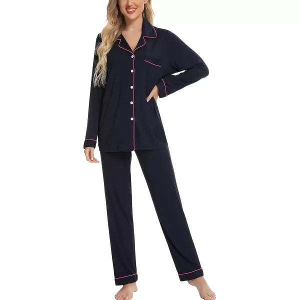 Leikar Button Up Pajama Set For Women Long Sleeve Shirt And Pajama Pants Soft Pjs Lounge SetsNavy Blue Pink Side