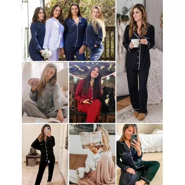 Leikar Button Up Pajama Set For Women Long Sleeve Shirt And Pajama Pants Soft Pjs Lounge SetsNavy Blue Pink Side