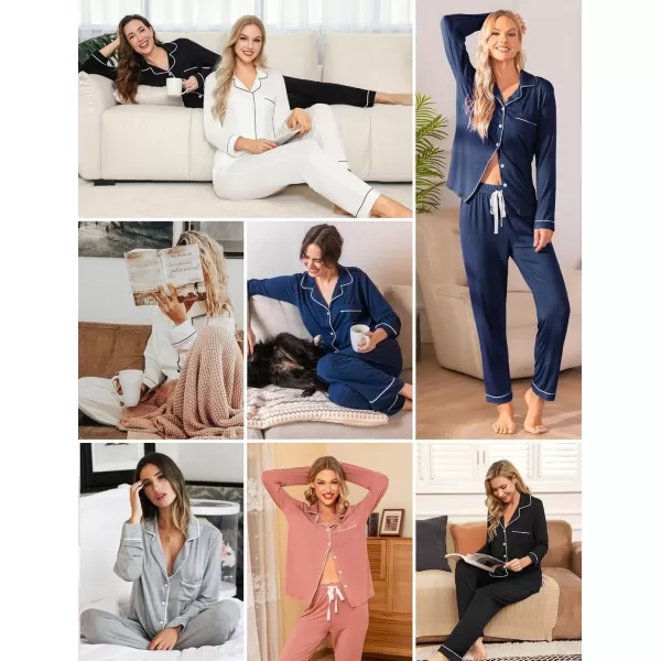 Leikar Button Up Pajama Set For Women Long Sleeve Shirt And Pajama Pants Soft Pjs Lounge SetsNavy Blue Pink Side