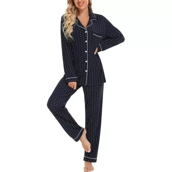 Leikar Button Up Pajama Set For Women Long Sleeve Shirt And Pajama Pants Soft Pjs Lounge SetsNavy Blue White Dots